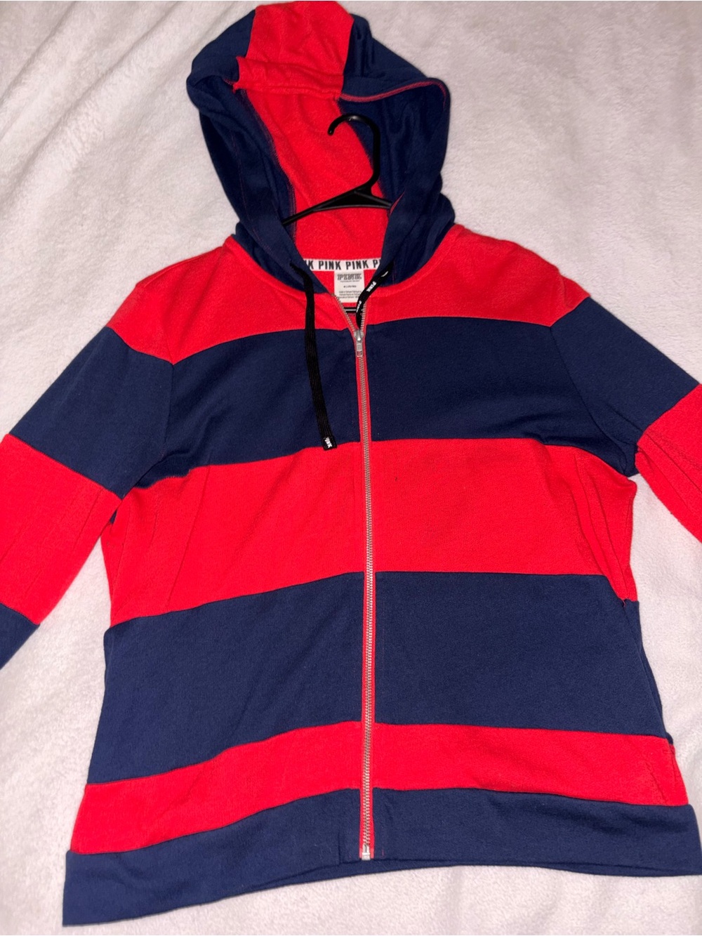PINK Victoria's Secret Red and Navy Striped Zip-Up Hoodie